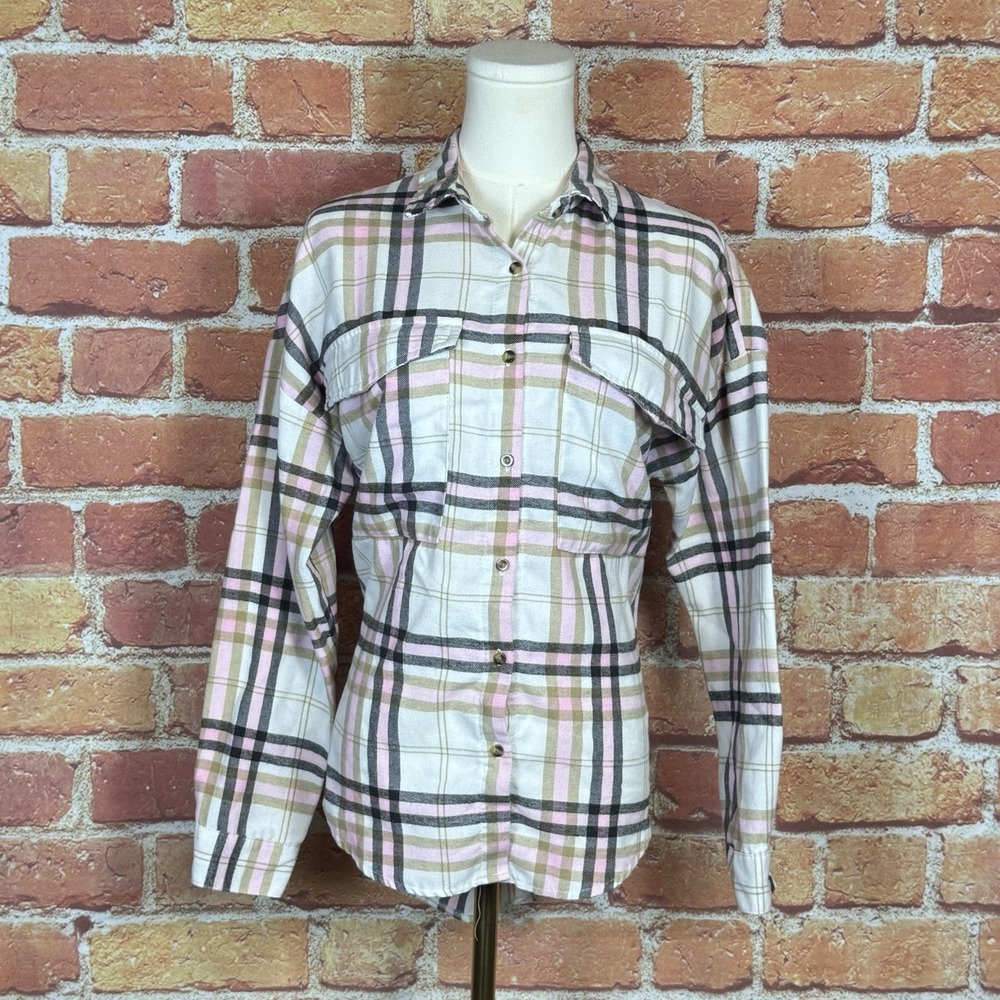 Spoon Jeans Flannel Shirt Size Small Long Sleeve Pockets Multicolor Pink Plaid